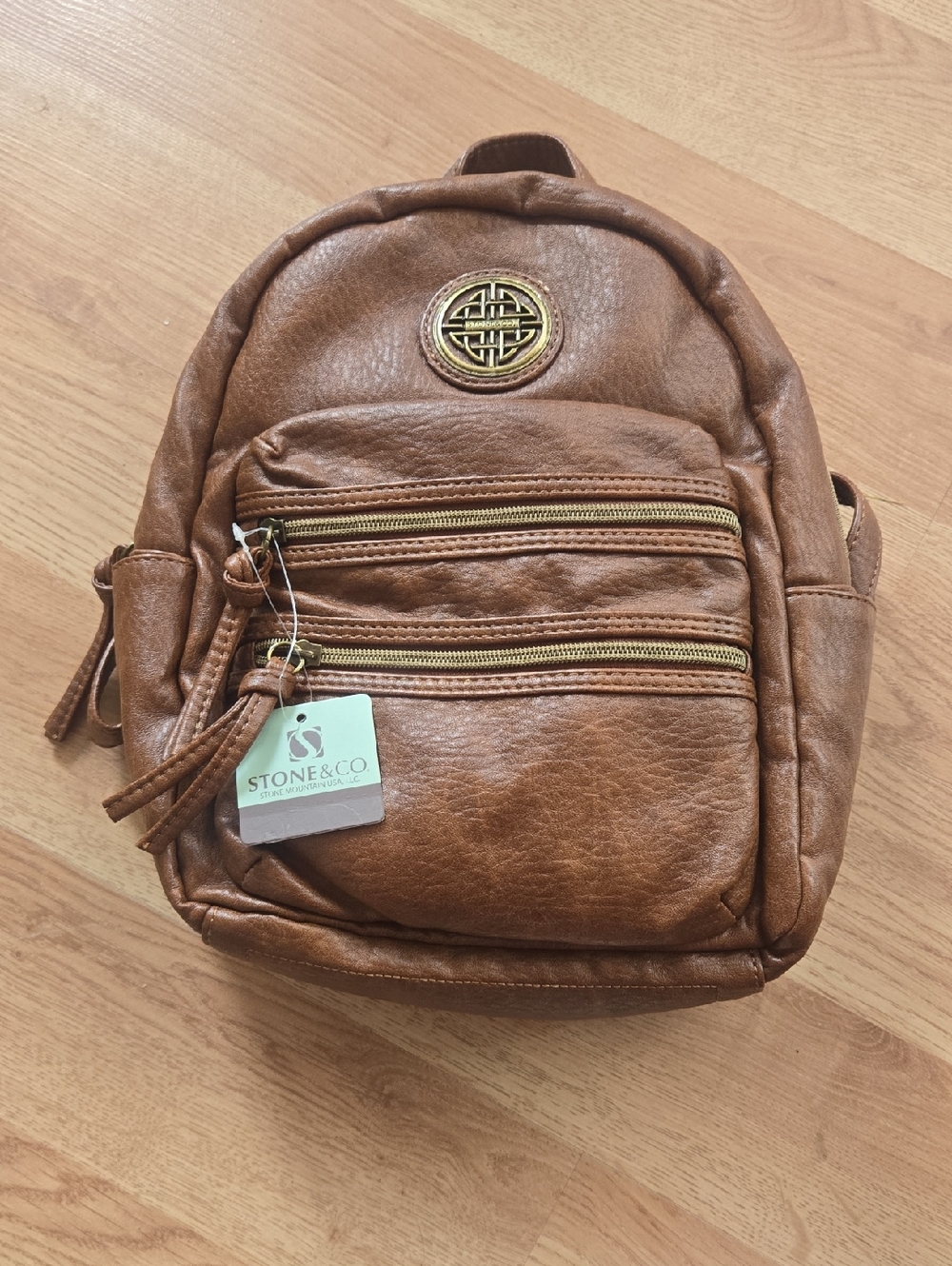 🧁Stone & Co. Tan Faux-Leather Mini Backpack with Gold Hardware